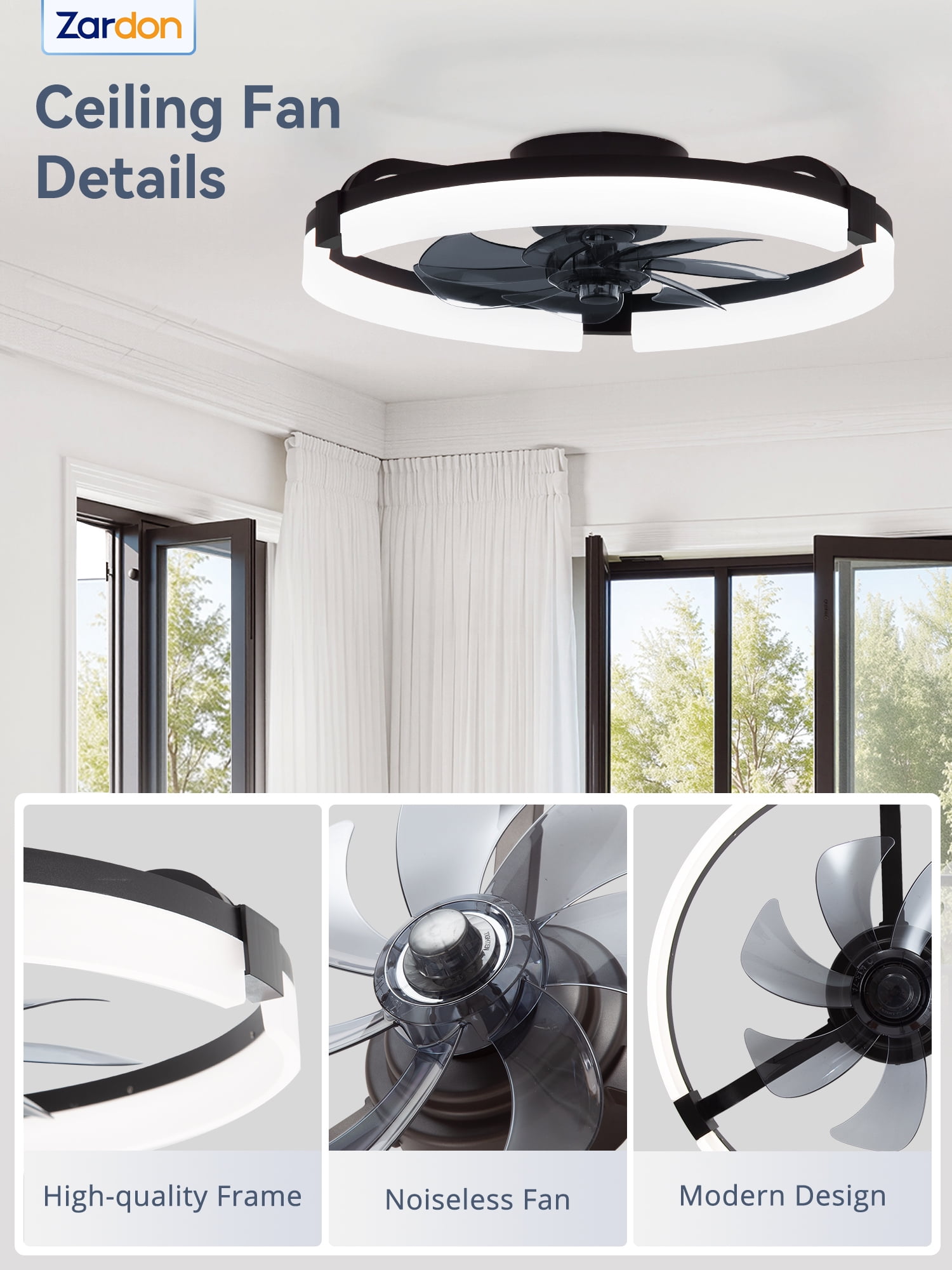 Zardon 20 inch Modern Ceiling Fan with Light and APP & Remote Control, Flush Mount Ceiling Fan, 6 Speeds, 3 Color Temperatures, Ultra Quiet DC Motor, for Bedroom, Living Room-Black