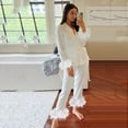 thumbnail image 5 of Christmas pajamas Christmas gift Women's Feather Trim Silk Satin Pajama Button Down Long Sleeve And Pants Set Sleepwear Loungewear, 5 of 9
