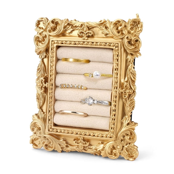 Resin Vintage Ring Holder Frame with Suede Interior, Rectangle Gold Ring Display Tray Stand, Baroque Jewelry Organizer Photograph Prop for Women Birthday Wedding Gifts