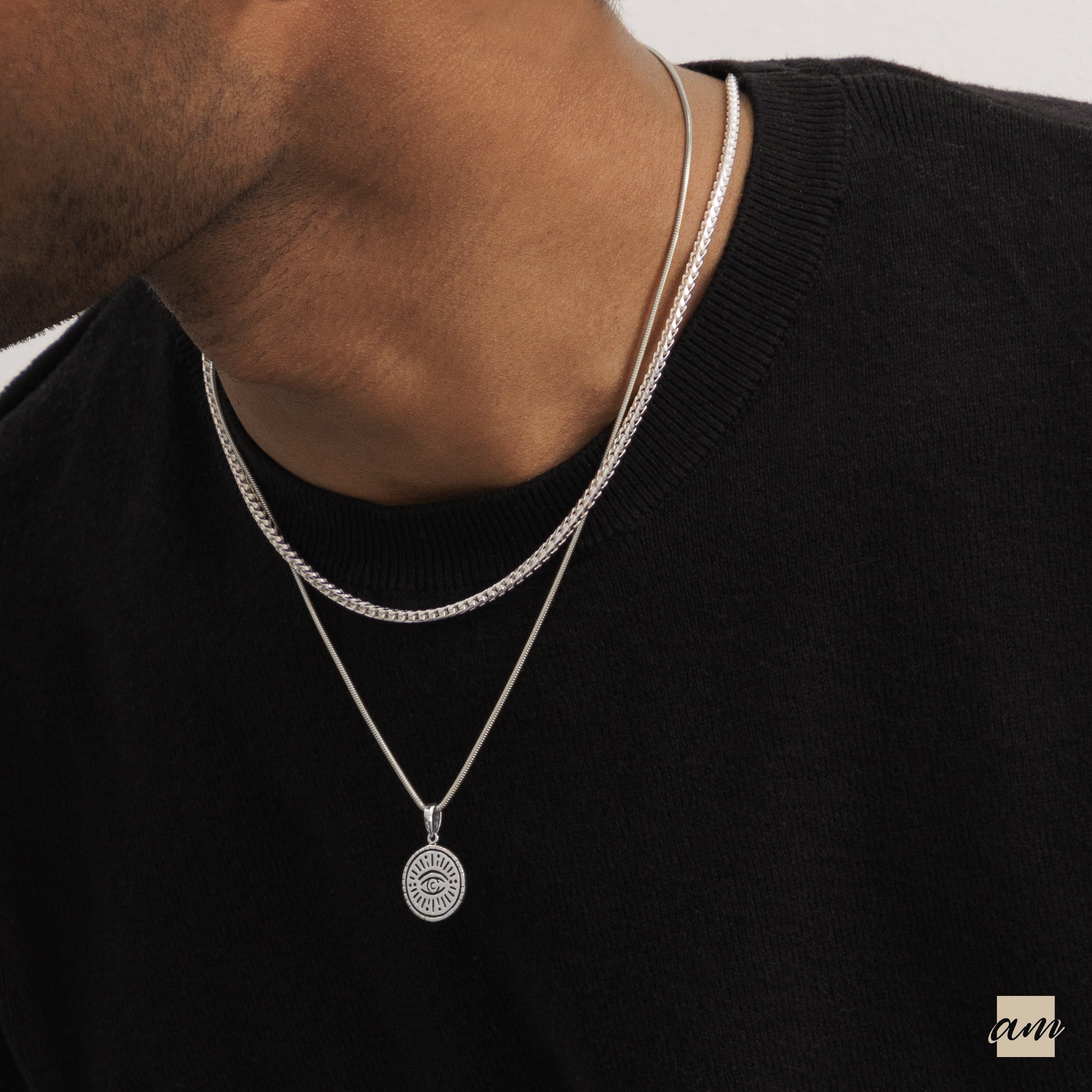 Amberta 925 Sterling Silver Necklace for Men - Franco Chain 2.5 mm: Mens Silver Chain Necklace 24 inch/ 60 cm