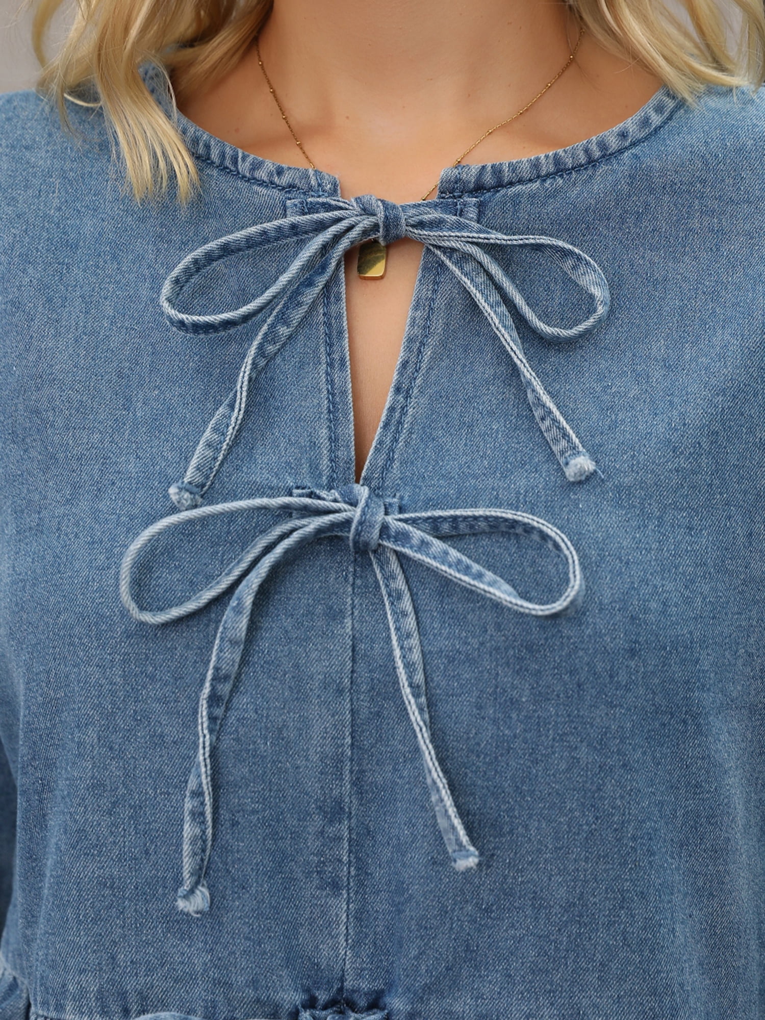 DARING DIVA Women's Denim Tie Front Puff Sleeve Ruffle Hem Peplum Blouses 2XL Blue