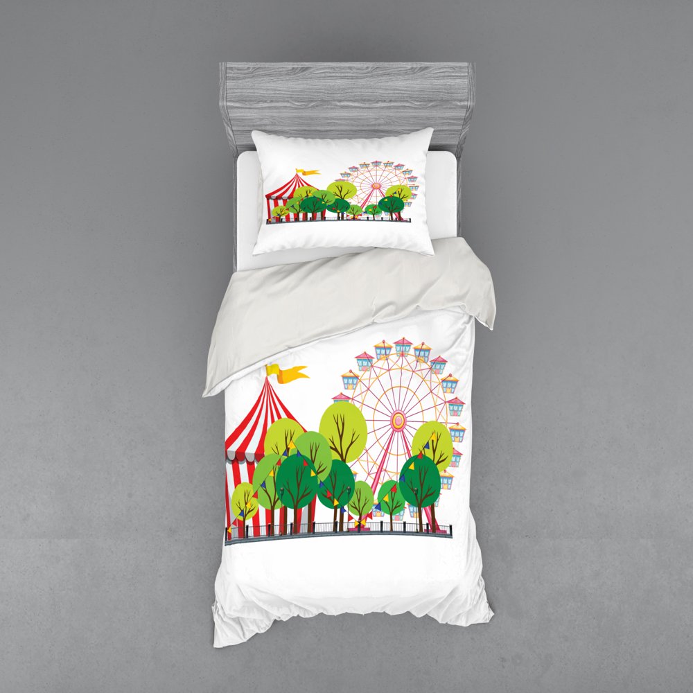 Circus Duvet Cover Set, Circus Carnival Scene with Ferris Wheel and