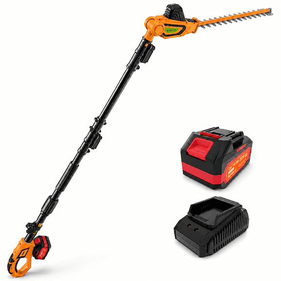 Gewol 20V Brushless Cordless Pole Hedge Trimmer, 18-Inch Blade 0-135° Adjustable Head, 4.0AH Battery and Fast Charger Included