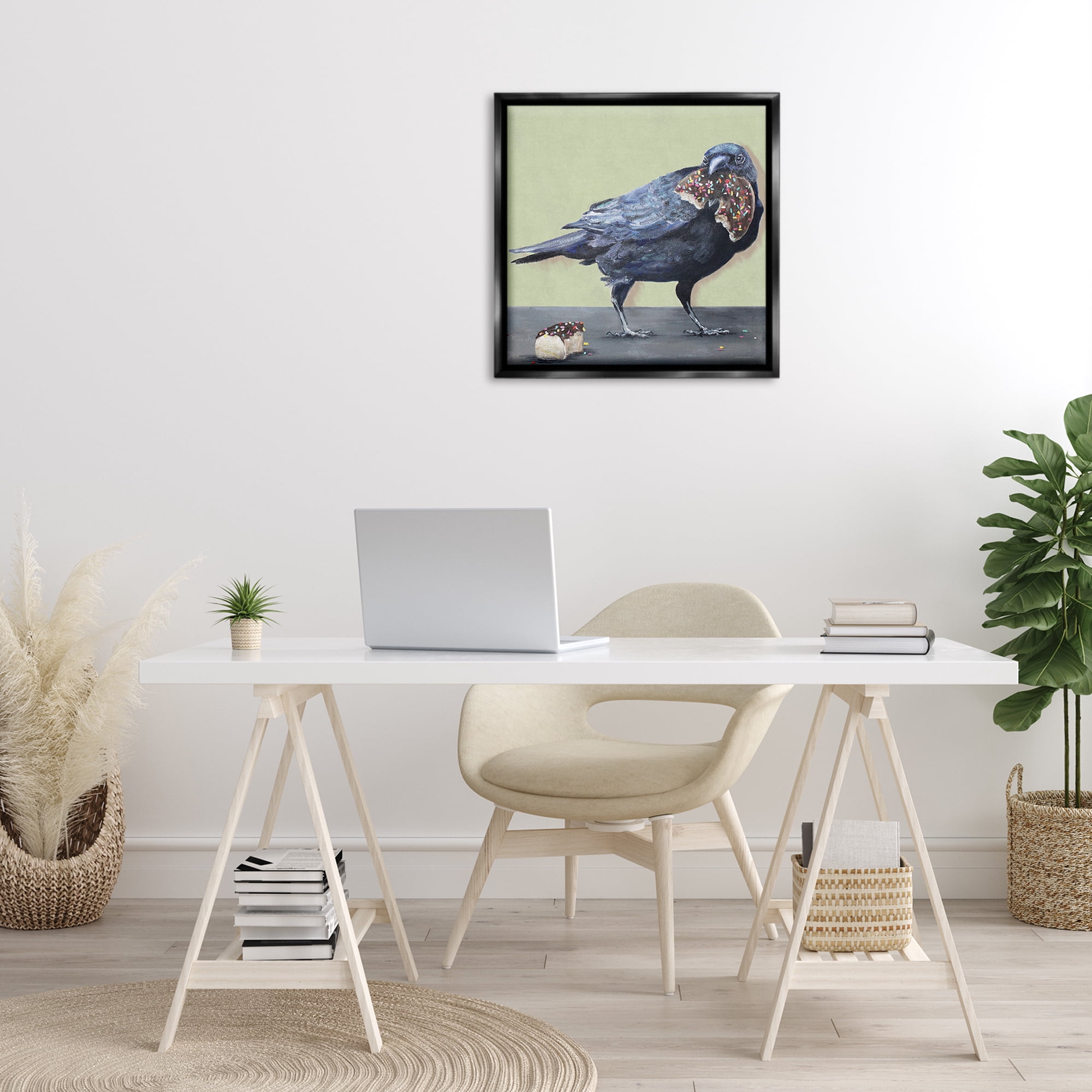 Stupell Industries Crow Eating Donut Food & Beverage Painting Black Floater Framed Canvas Art Print Wall Art, 25 x 25