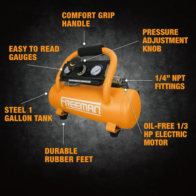 Freeman PE20V1GCK 20 Volt Cordless 1 Gallon 1 3 HP Portable Air Compressor Kit with Lithium Ion Battery and Charger 700 Shots per Charge