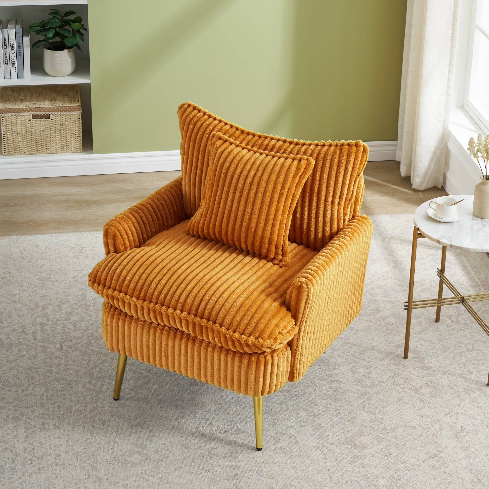 Modern Accent Chair,Armchair,Corduroy Fabric Sofa Chairs with Pillow,Upholstered Armchair for Living Room,Bedroom,Yellow
