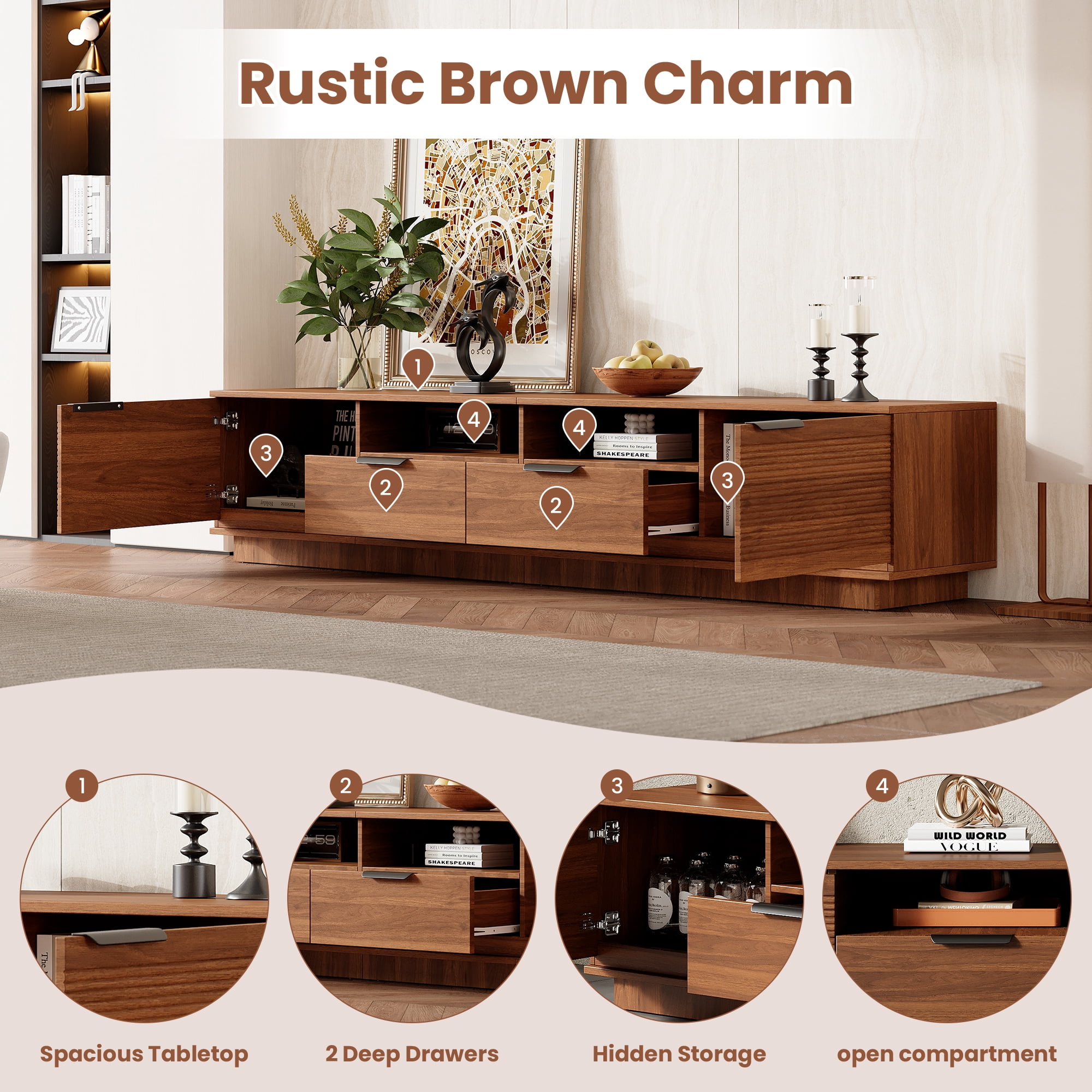 TV Stand for TVs up to 85 Inch, Entertainment Center with Wave-Pattern Doors & 2 Deep Drawers, Media Console with Soft-Close Hinges for Living Room
