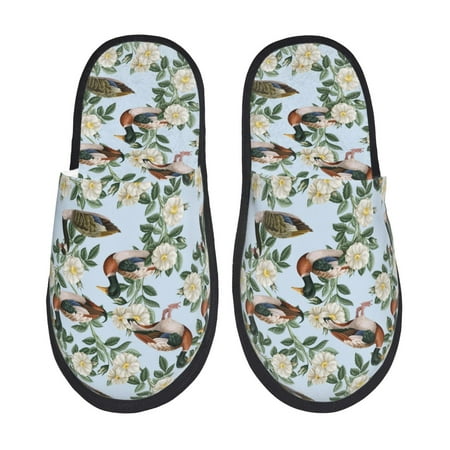 Balery Mallard Ducks And Roses Slient Indoor Furry Fleece Comfort House Shoes Soft Non-Slip Home Shoes Cotton slippers House Slippers-- Medium