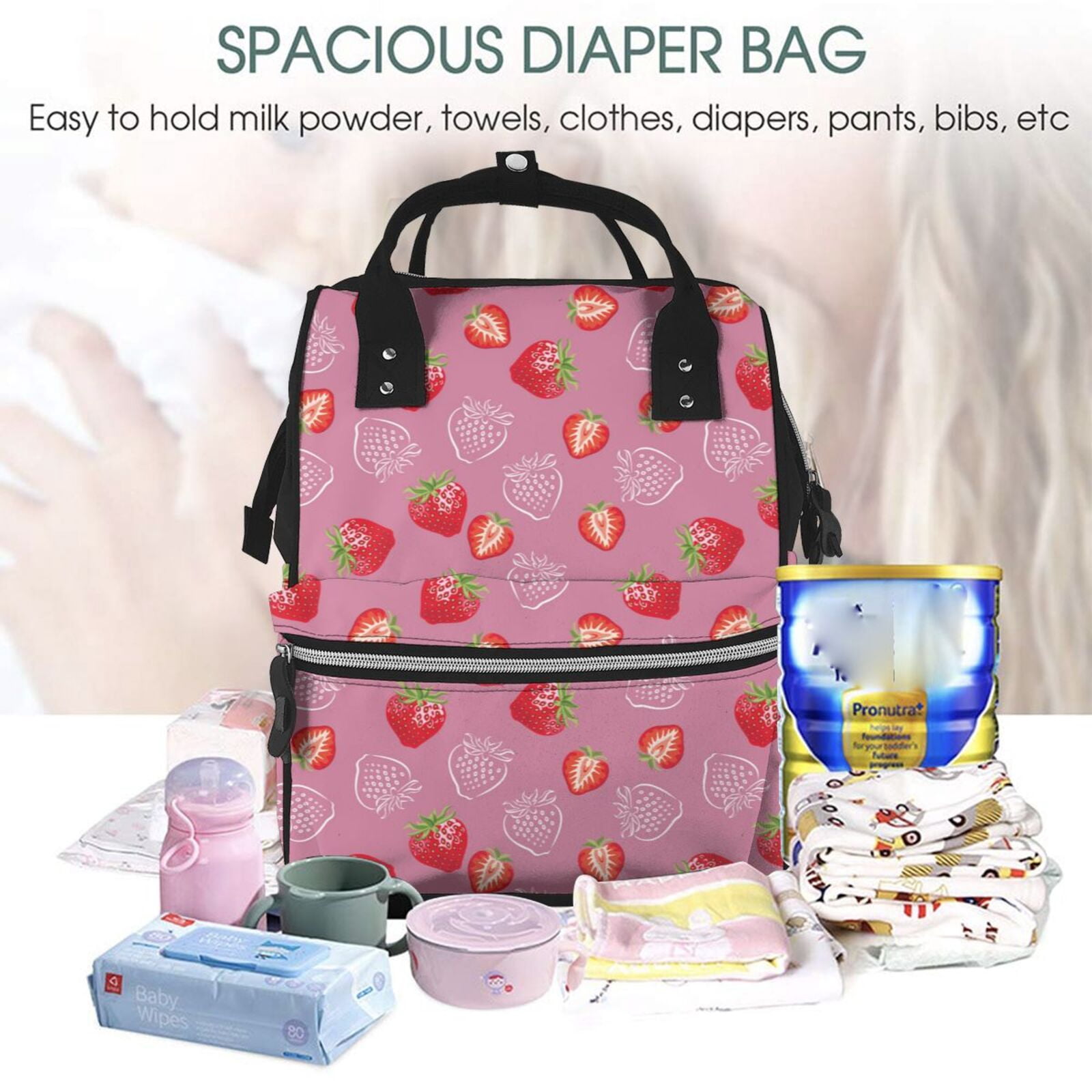 Kdxio Baby Diaper Backpack,Multi-Function Travel Backpack Nappy Bags,Nursing Bag, Fashion Mummy,Roomy Waterproof for Baby Care(Cute Strawberry)