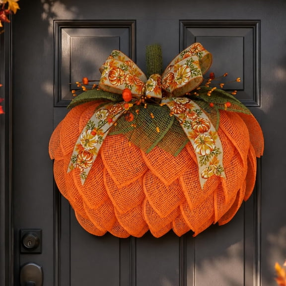 Farmhouse Pumpkin Wreath for Front Door, Autumn Burlap Wreath with Bows & Berries, Fall Harvest Door Decoration for Halloween, Thanksgiving & Wall Decor(RL)