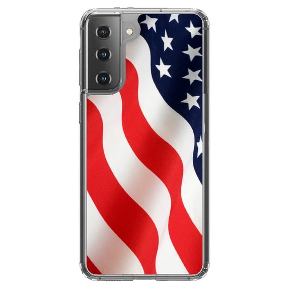 DistinctInk Clear Shockproof Hybrid Case for Galaxy S21  PLUS 5G (6.7" Screen) - TPU Bumper, Acrylic Back, Tempered Glass Screen Protector - Red White Blue United States Flag USA - US of A