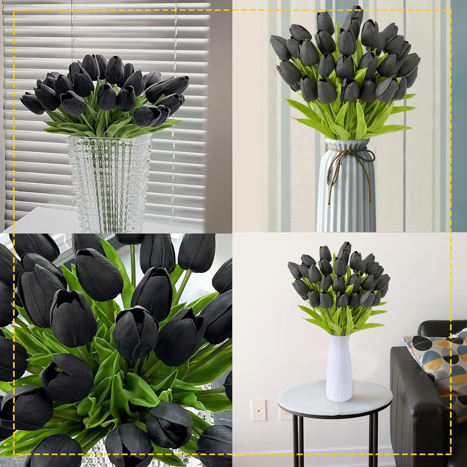 30Pcs Artificial Tulip Flowers Faux Tulip Stems PU Real Touch Tulips 13.7" for Spring Easter Vase Wedding Bouquets Floral Arrangements Wreath Table Centerpiece Indoor Outdoor Decoration (Black)