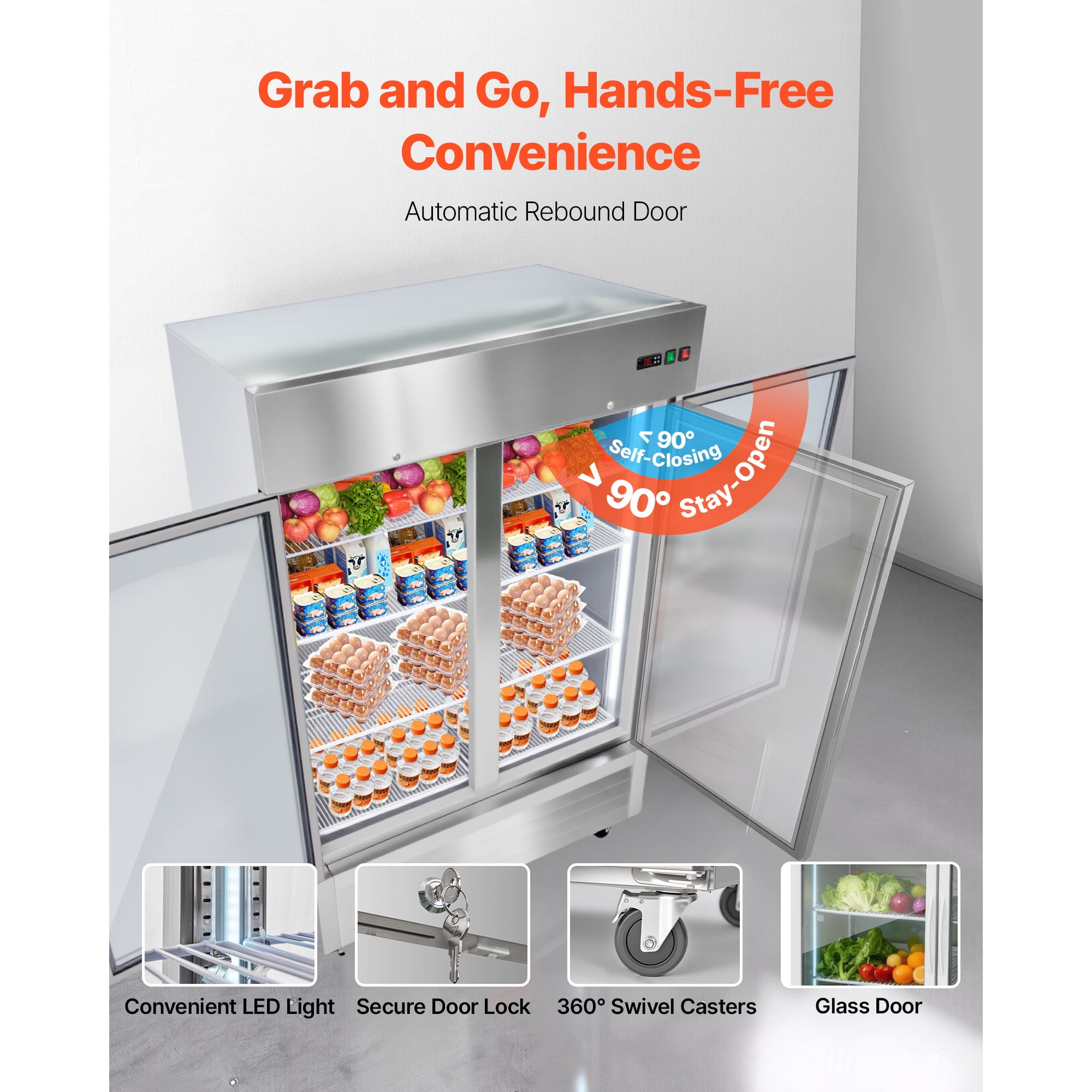 KFFKFF Commercial Stainless Steel Refrigerator 54" W, 44 Cu.Ft Upright Fridge with Double Glass Doors, Auto-Defrost, 8 Adjustable Shelves, 32-50℉ Temperature Range, ETL Certified