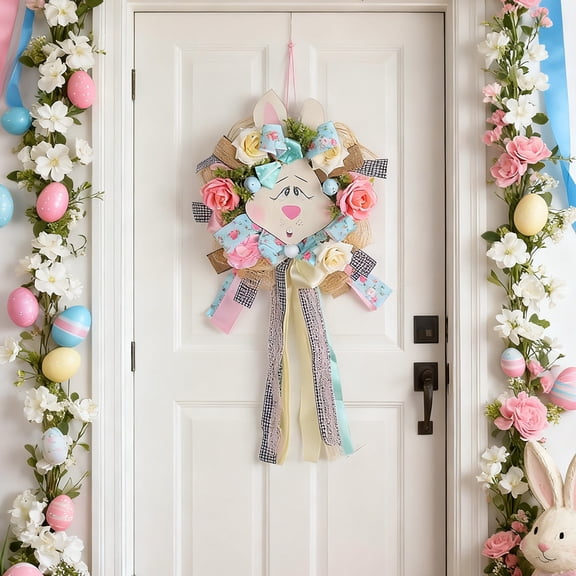 syligr 24 Inch Easter Bunny Wreath with Eggs Multicolor Plastic Front Door Wall Decoration Spring Holiday Decor for Indoor Outdoor Use Thanksgiving Christmas