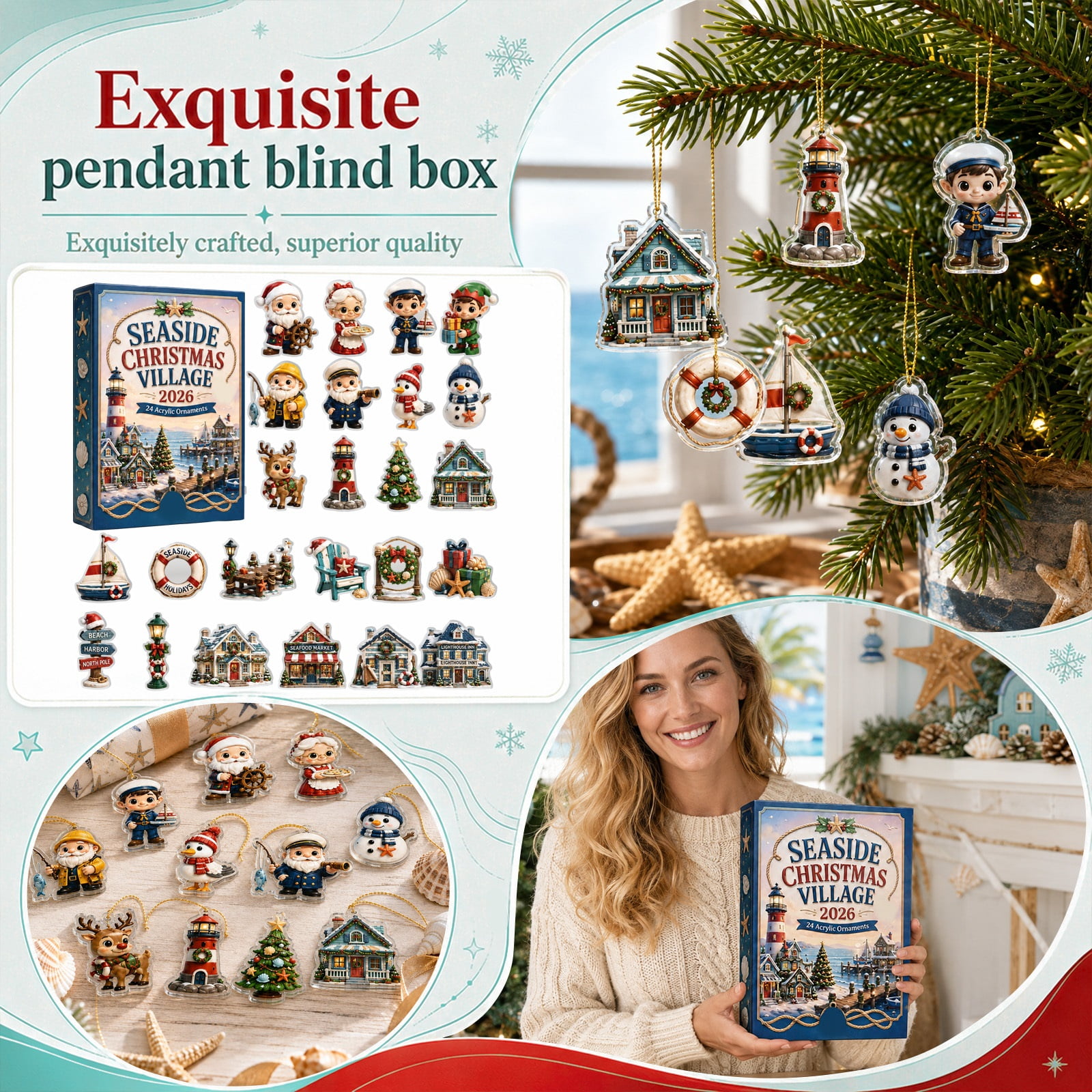 GrbtsrdVillage Christmas Advent Calendars 24-Pack 2D Acrylic Ornaments Seaside Christmas Village Blind Box Shelf Decor Secret Santa Gift Holiday Gift Idea Festive Decor Mini Figure Set