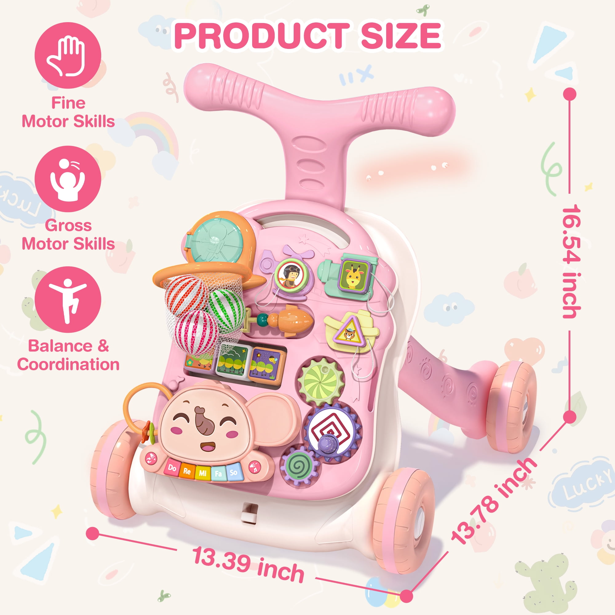 XUEYU Toddler Learning Table Infant Musical Learning Walker with Rolling, Pink Baby Activity Center, Learn to Walk Sit to Stand, 1 Count