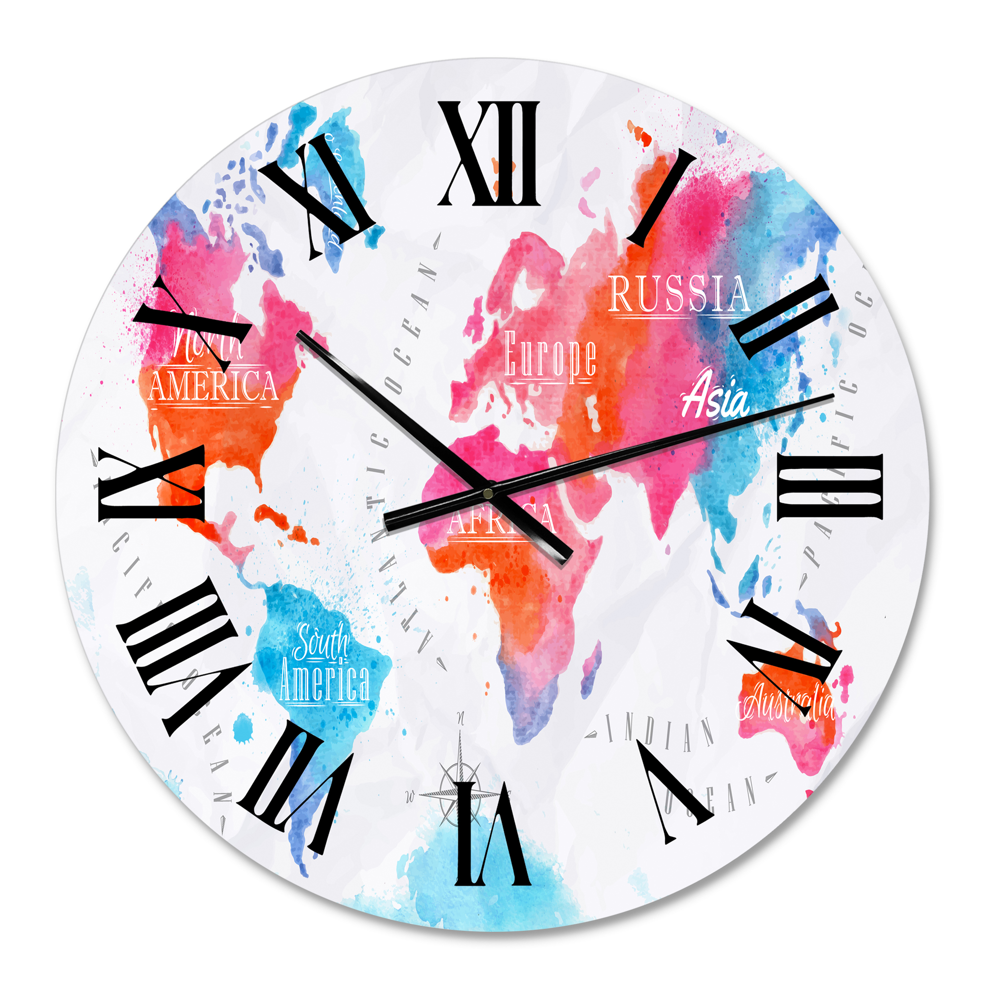 Designart 'World Map In Pink And Blue' Modern Wall Clock