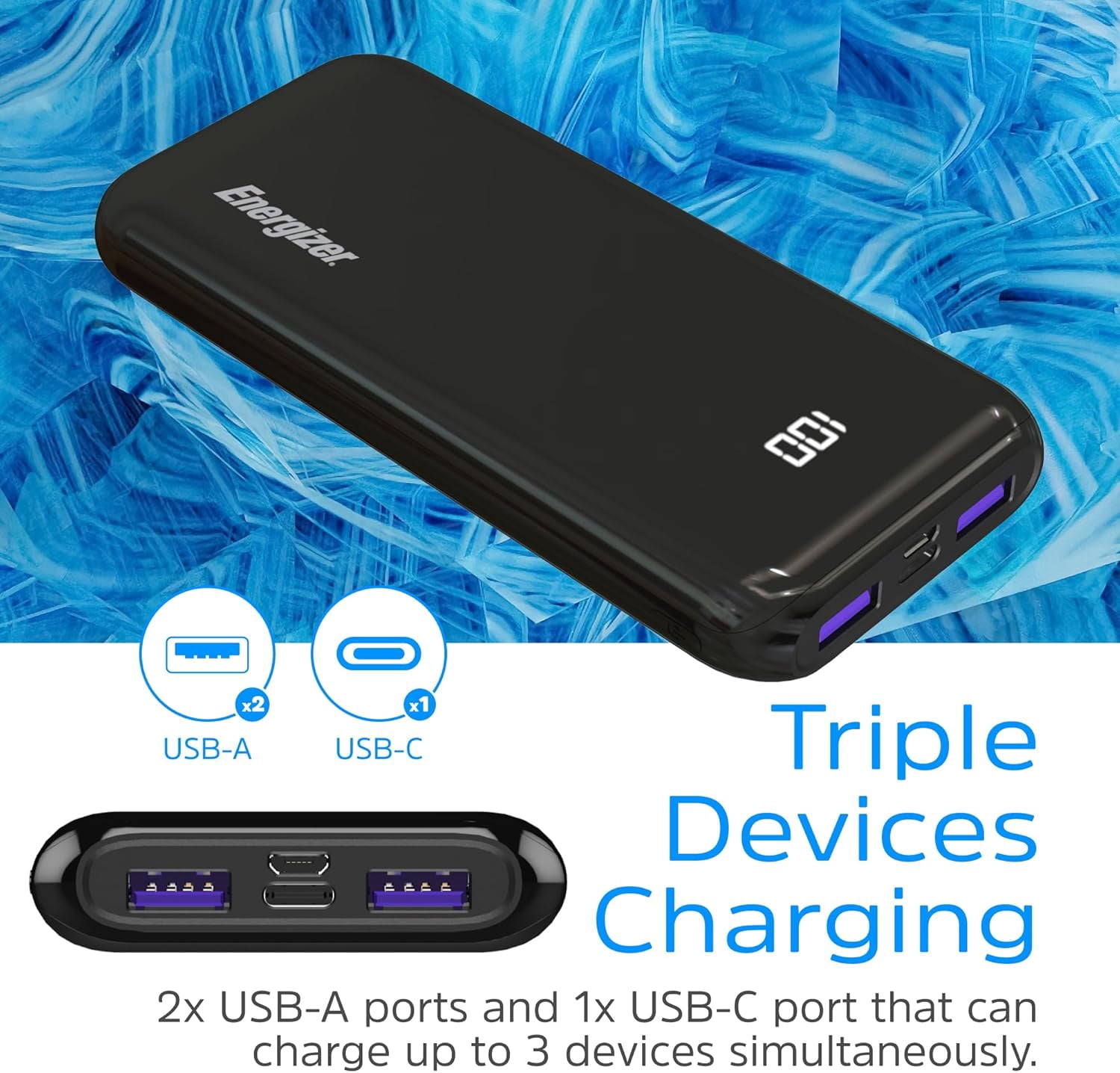Energizer 10,000mAh Portable Charger 22.5W USB-A & 18W USB-C PD Fast Charging Power Bank with LCD Display, High-Capacity Battery Pack for iPhone 16/15/14/13/12 Series, Android Devices_UE10011PQ