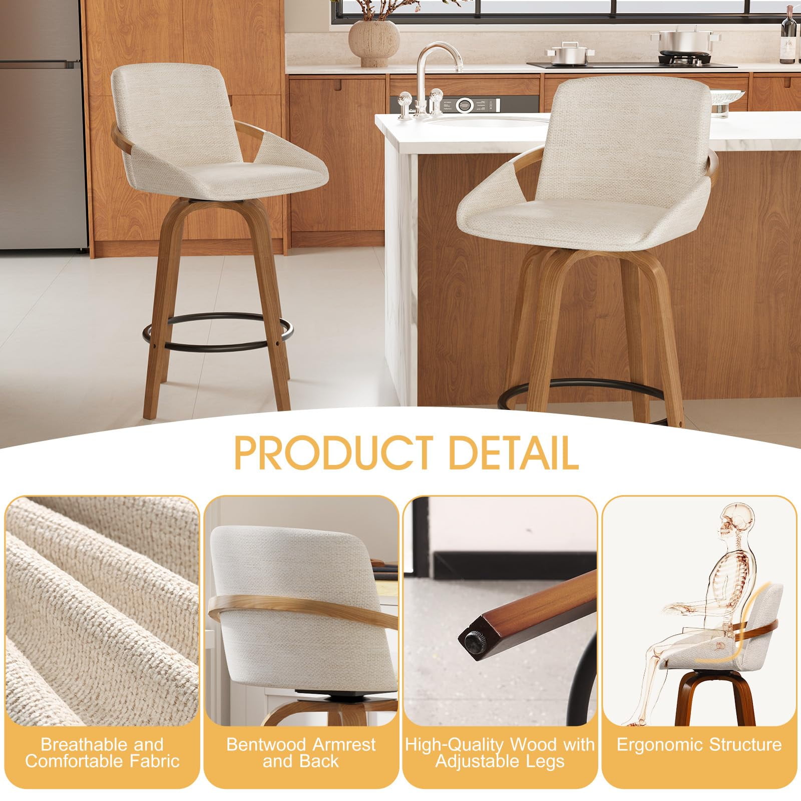 JULY'S SONG 26" Swivel Counter Height Bar Stools with Back Sets of 4, Mid Century Barstools with Wooden Legs, Beige