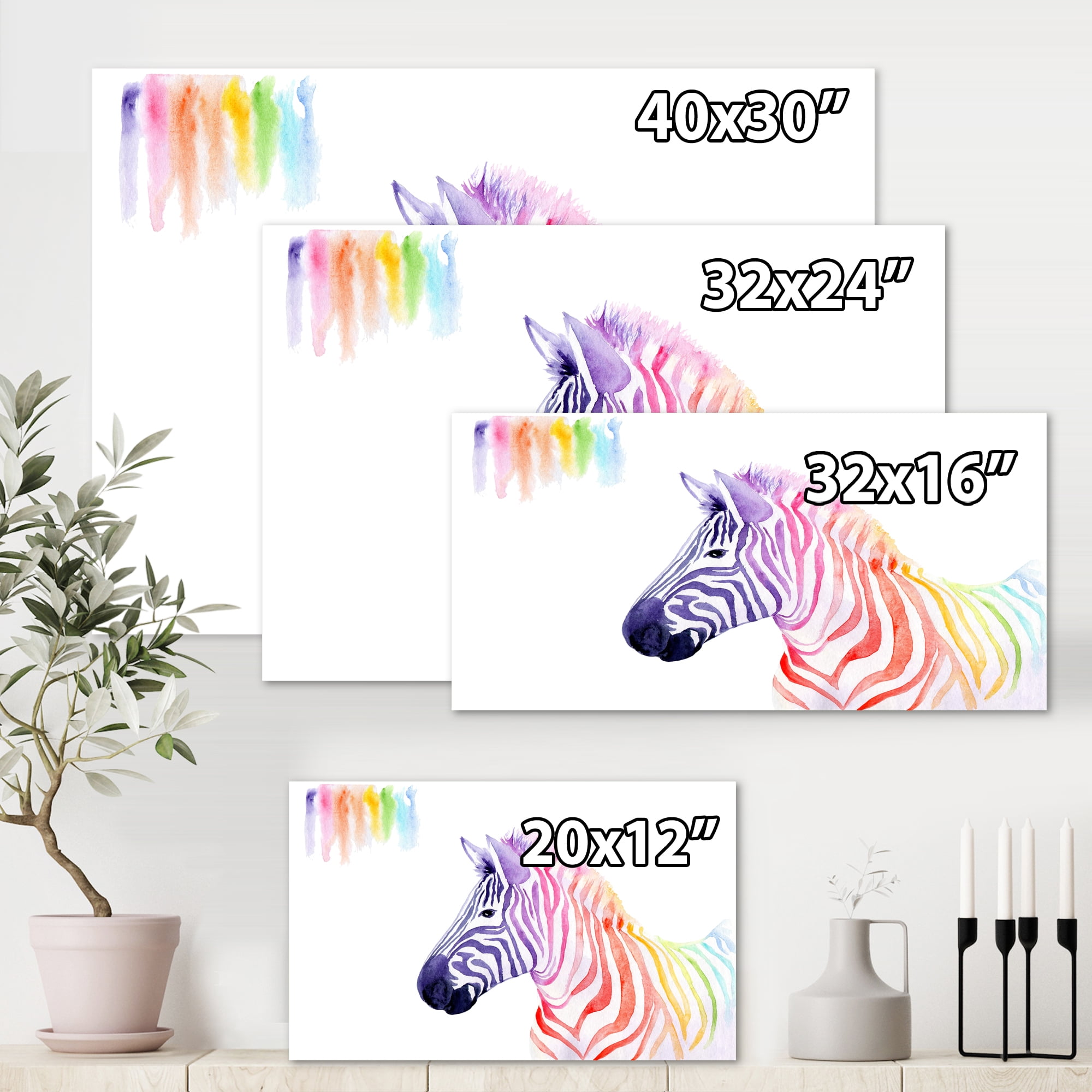 Designart ' Portrait of Rainbow Zebra On White ' Farmhouse Canvas Wall Art Print