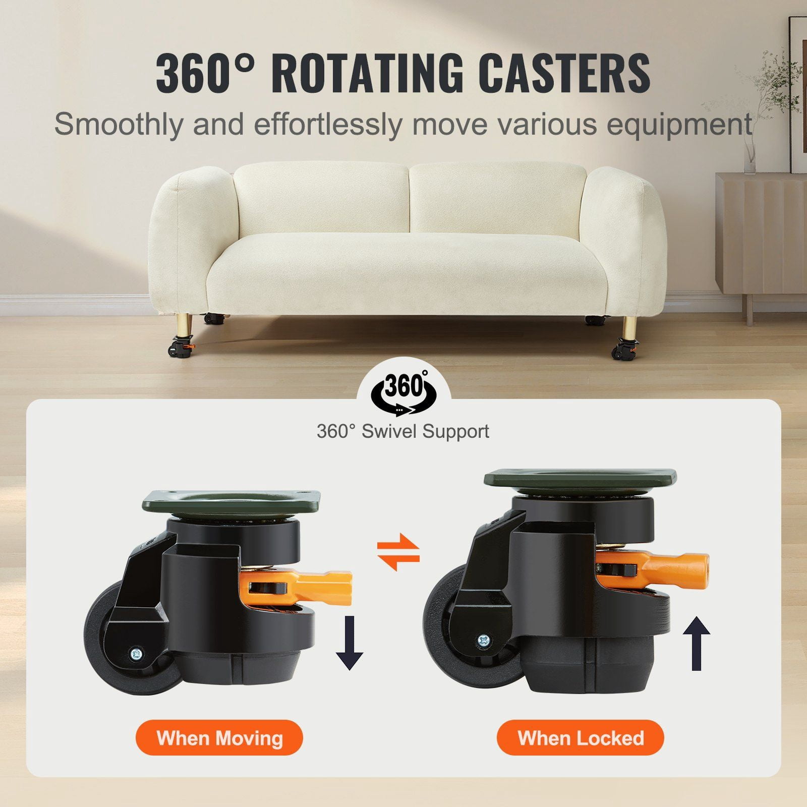 Leveling Casters, 4-Pack Heavy Duty 360 Degree Swivel Caster Wheels with 2 Inches Diameter, Supports 1100 lbs, Adjustable Leveling Feet and Upgraded Handle for Workbench, Furniture, Industrial Equipm