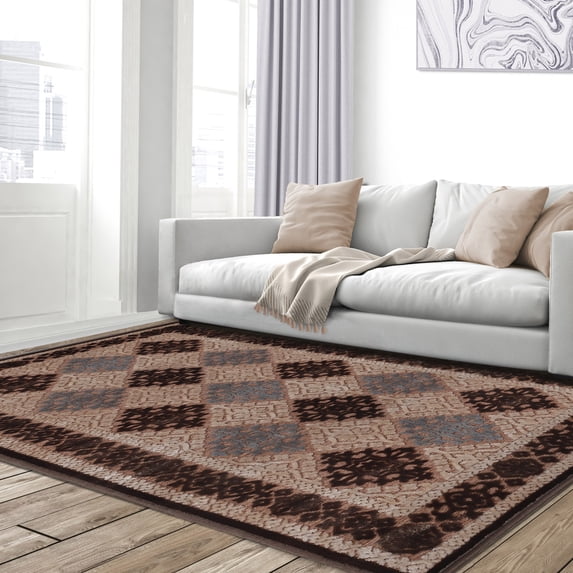 Modern Polyester and Cotton Diamond Geometric Indoor Area Rug - 5' x 8', Sand-Olive Green