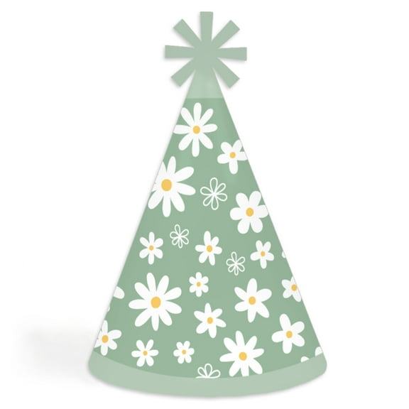 Big Dot of Happiness Sage Green Daisy Flowers - Cone Happy Birthday Party Hats for Kids and Adults - Set of 8 (Standard Size)