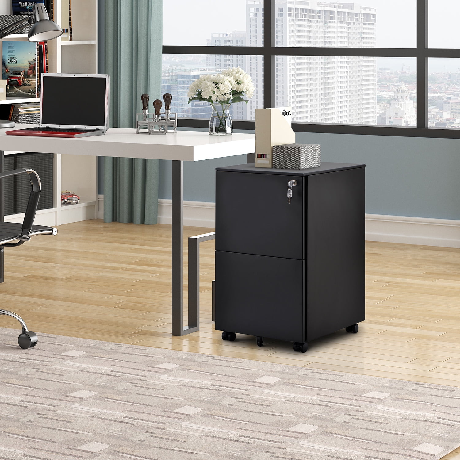 Kepooman 2-Drawer Mobile Steel File Cabinet with Lock for Legal/Letter Size, 15"L x 19.6"W x 24.4"H, Black
