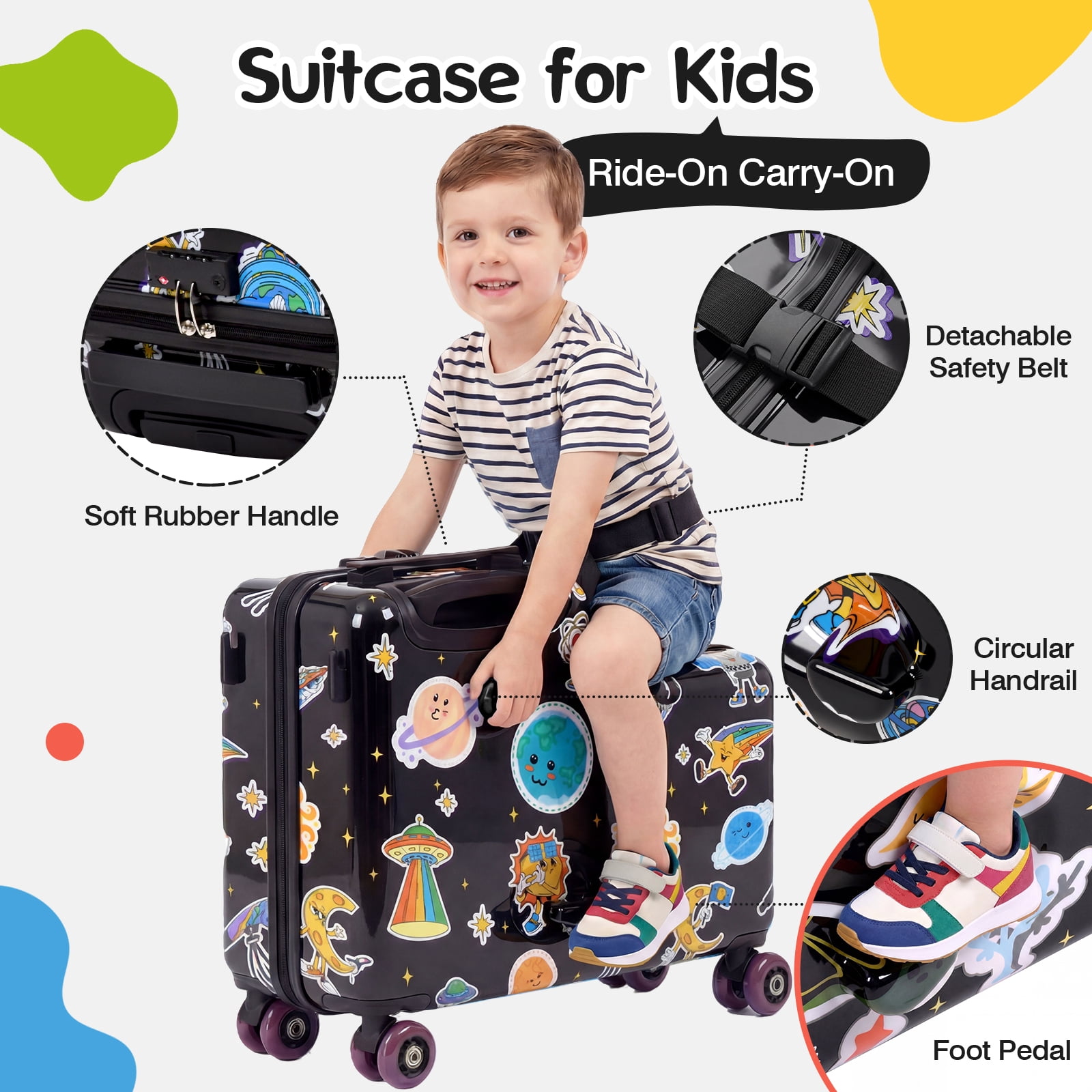 Advwin Kids Ride-On Luggage with Safety Belt, TSA Lock & Footrest, Hardside Spinner Travel Suitcase for Children, Black Space Theme
