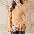 thumbnail image 4 of Women's Mid Sleeve Shirt - Smart Casual Blouse with Elastic Hem & Round Neck, Wrinkle-Resistant Work Tops, Ladies Short Sleeve Office Shirt, Solid Color,Khaki - M, 4 of 7