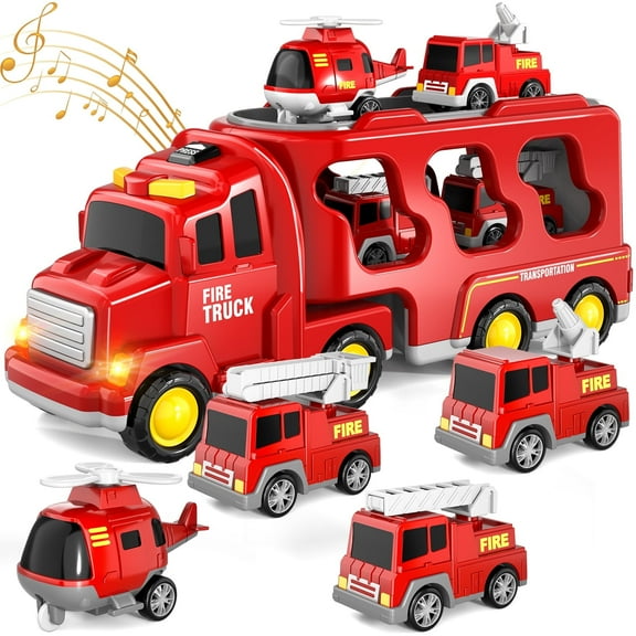Toddler Fire Trucks Toys for Boys Age 1-3 3-5,5 in 1 Fire Car Truck for Girls 1 2 3 4 5 6 Years Old,Christmas Birthday Gift Car Toys Sets with Light Sound
