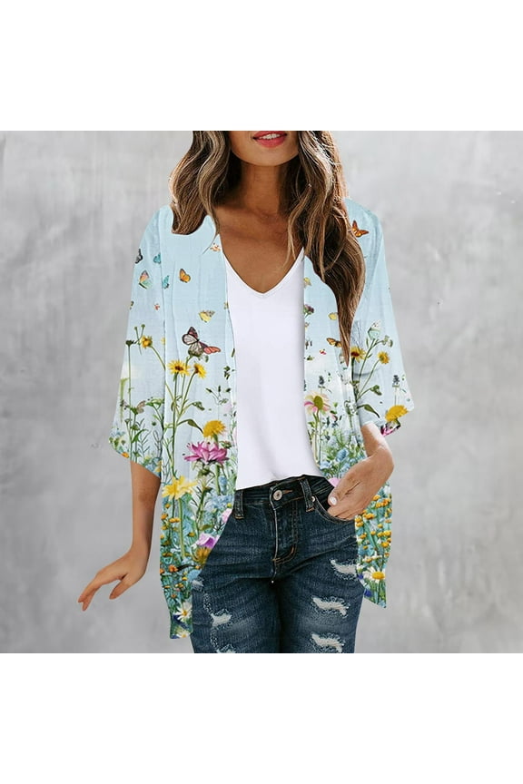 Blue Coats for Women Elbow-Length Casual Lightweight Loose Fit Chiffon Floral Cardigan Flowy Womens Jacket