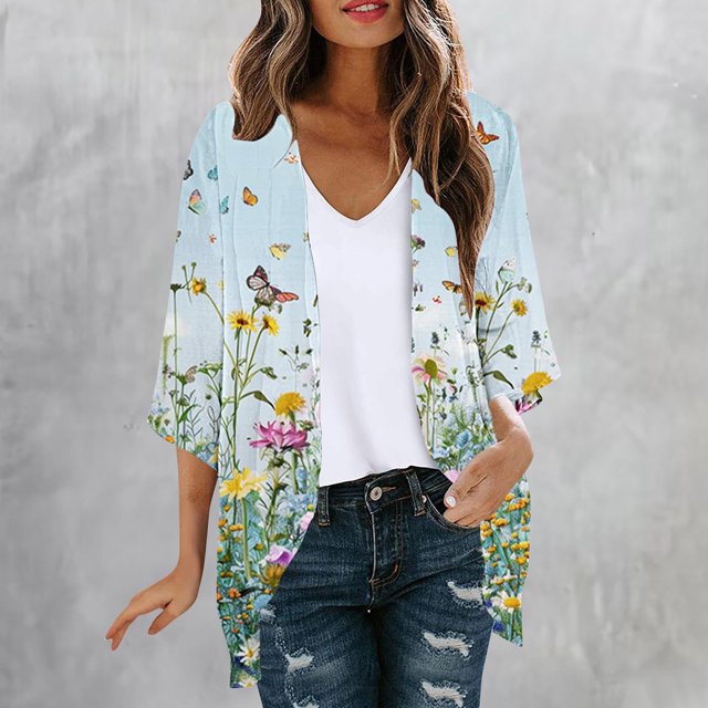 EGNMCR Cardigan Femme Manches Longues Imprimé Blouse Décontractée avec Poche Manteau Femme