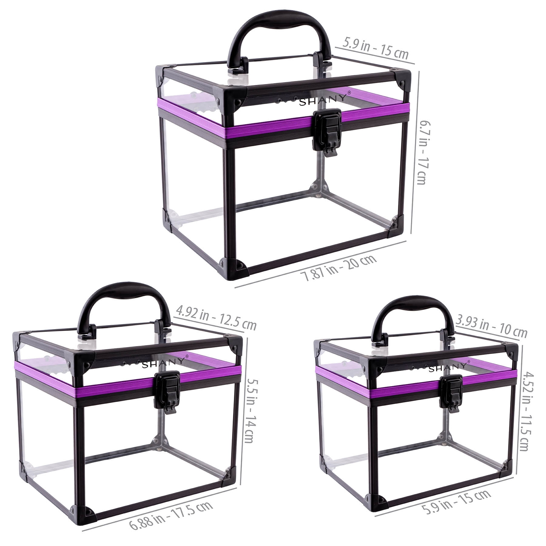 SHANY Clear Cosmetics and Toiletry Train Case - Clear Travel Makeup Bag Case Organizer with Secure Closure and Black/Purple Accents - 3PC Set