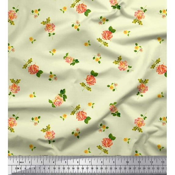 Soimoi Yellow Cotton Voile Fabric Leaves & Grandiflora Roses Floral Printed Craft Fabric by the Yard 56 Inch Wide