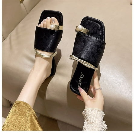 

National Style New Chinese Style Flat Square Toe Sandals and Slippers Outdoor Wear All-match Casual Lightweight Embroidered Fashion Women‘s Shoes