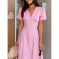 thumbnail image 2 of Pink And White Striped V-Neck Petal Sleeve Midi Dress For Women, 2 of 7