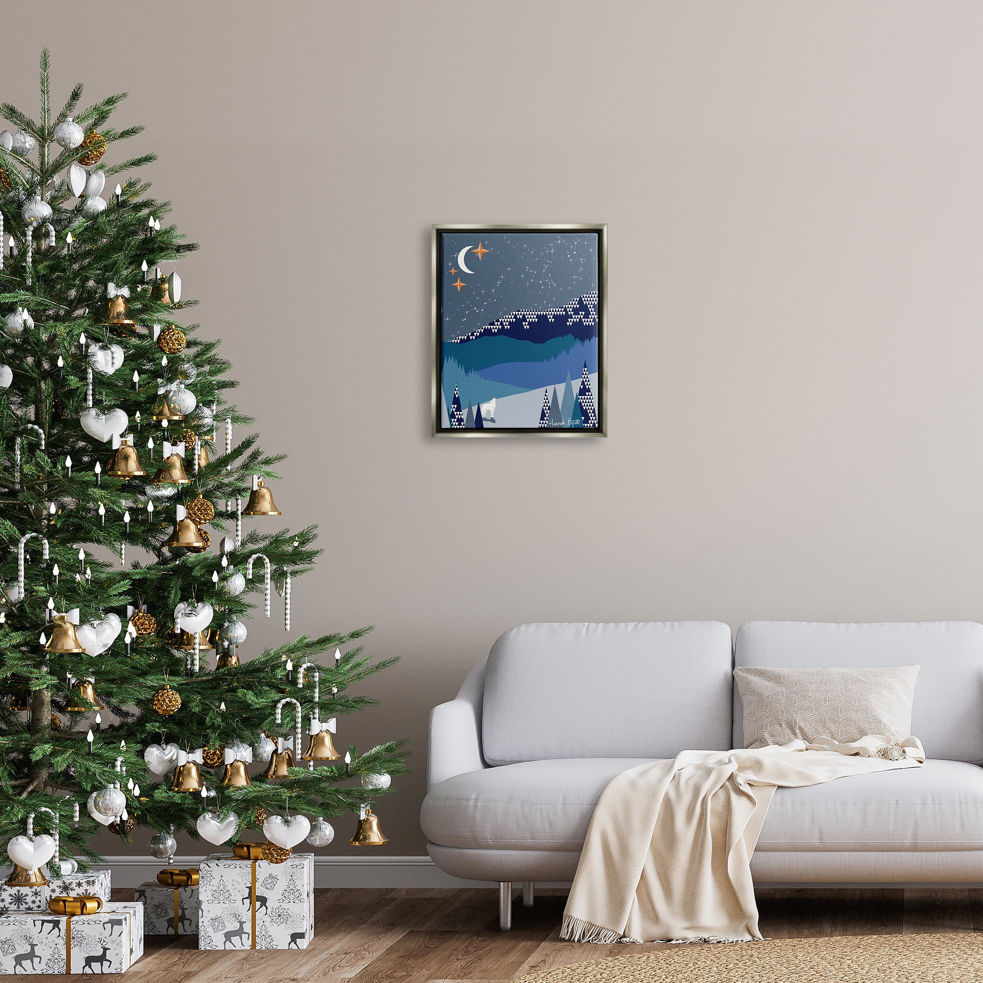 Stupell Industries Winter Night Landscape Holiday Painting Gray Floater Framed Art Print Wall Art, 17 x 21