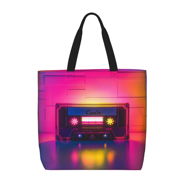 Easygdp Neon Cassette Tape Bolsa Tote para Mujer, Bolso de Hombro para Trabajo, Playa, Viajes, Compras y Supermercado