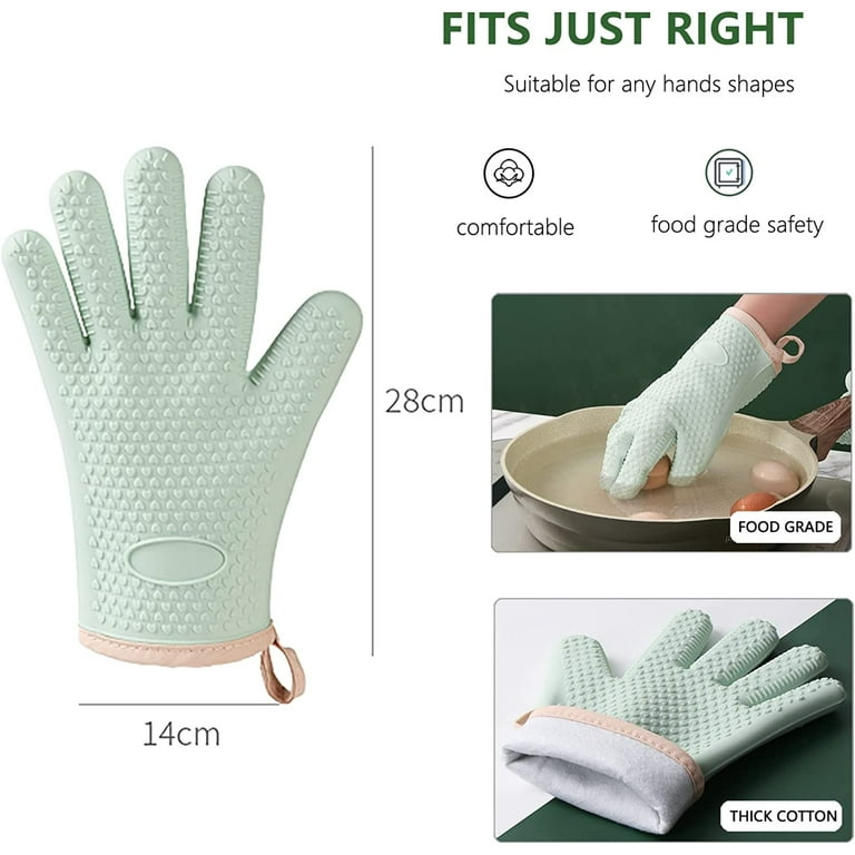 Heat Resistant Silicone Oven Mitt,Oven Gloves with Fingers, Super Grip,  Food Grade, Waterproof, for Cooking & Baking, Light Green, 2 Pack 