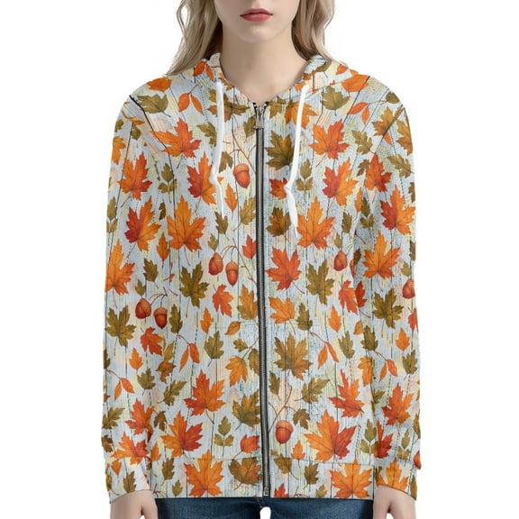 DISNIMO Thanksgiving Hoodies for Women Maple Leaves Printed Hooded Sweatshirts Zip Up Jackets Coat Sport Sweatshirt with Pockets, XS