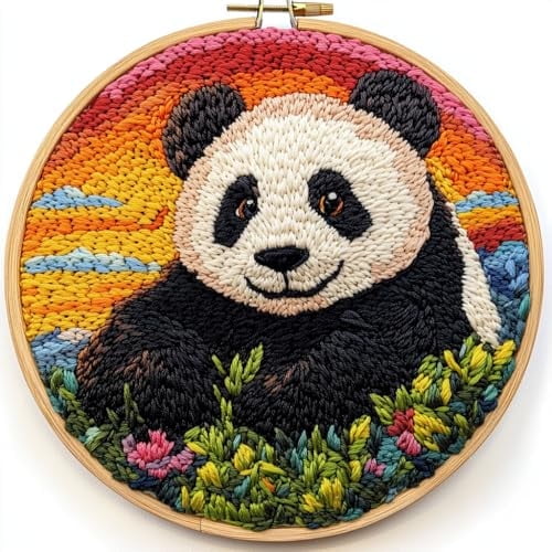 DIY Punch Needle Kits for Beginners Panda with Sunset with Hoop Embroidery Punch Needle Starter Craft Set Easy for Adults and Children Festival Gift and Decoration 20x20cm-2