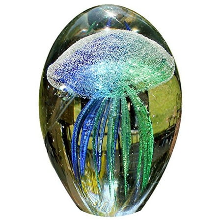 Hand Blown Glass Paperweight - Atlantic Collectibles Teal Hand Blown Glass Art Glow In The Dark Jellyfish Paperweight Great Office Decor and Gift