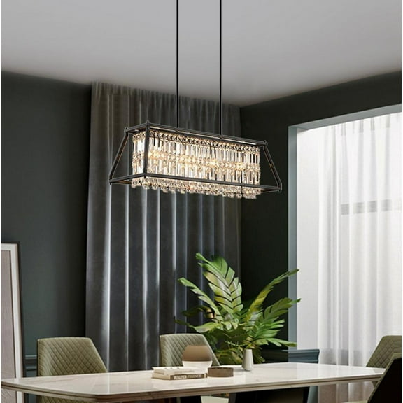 AFANQI 4-Light Dining Room Light Fixture 31.5 inch Crystal Chandelier Black Metal Pendant Light Industrial Farmhouse Chandelier for Kitchen Island Living Room