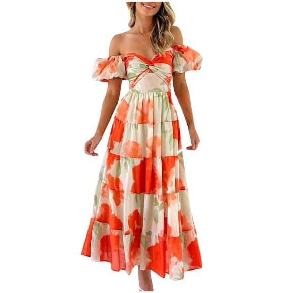 Lovskoo Women's 2024 Boho Floral Summer Sweetheart Neck Puff Short Sleeve Off Shoulder Smocked Tiered Casual A Line Long Maxi Dress Red L