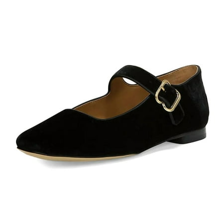 XYD Women Comfy Square Toe Mary Jane Flats Single Strap Buckled Daily Casual Shoes Size 12.5 Black Velvet