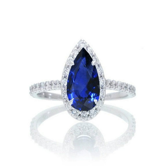 1.5 Carat Classic Pear Cut Sapphire With Diamond Engagement Ring in 14k White Gold Sapphire and diamond engagement ring
