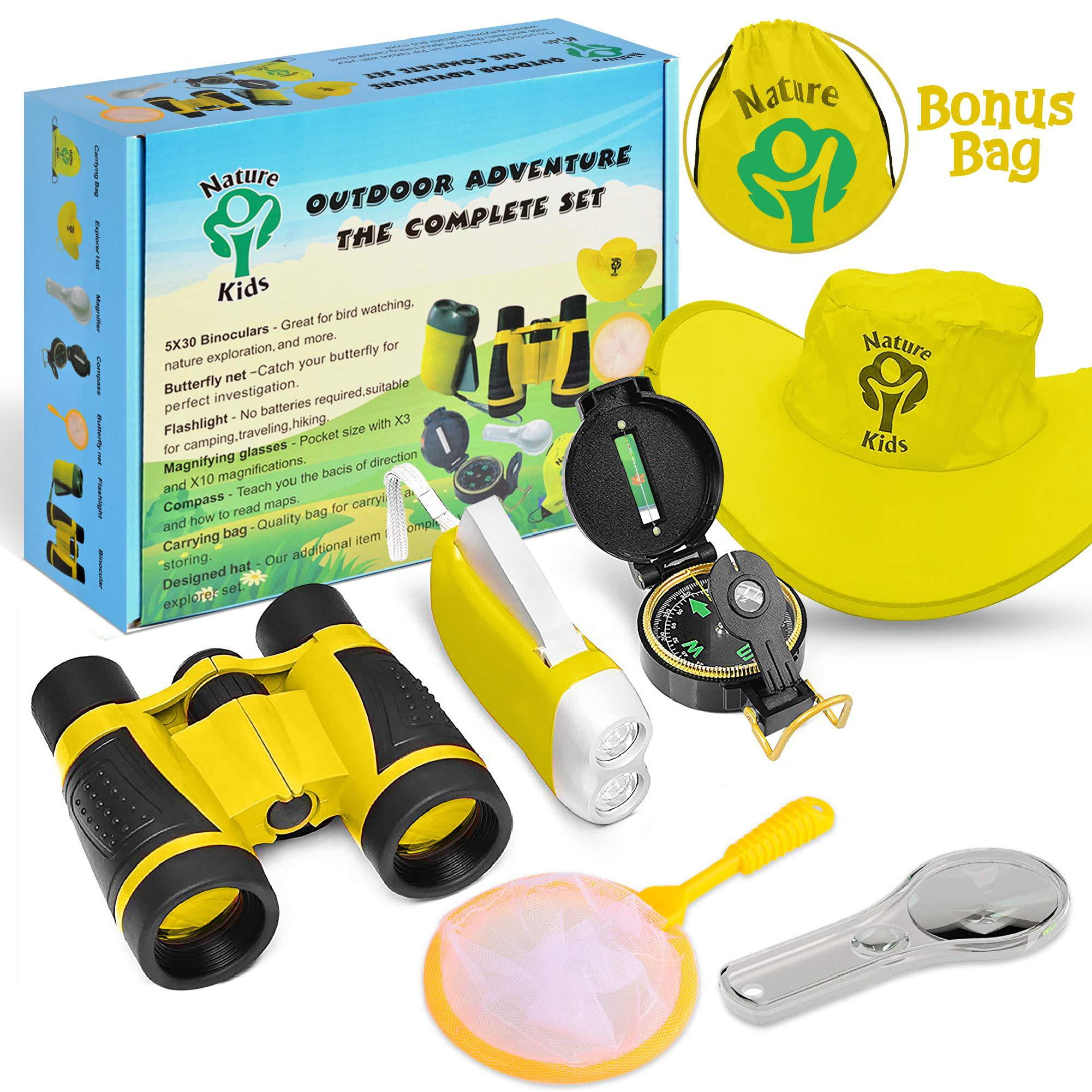 Magnifying Glass Backyard JUOIFIP Adventure Kids Compass Outdoor Explorer Exploration Childrens Toys Kit- Binoculars Camping Whistle Butterfly Net for Educational Hiking Flashlight 