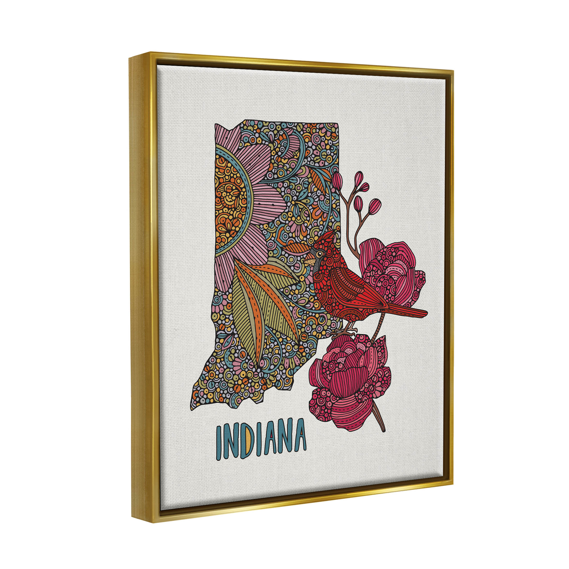 Stupell Industries Indiana State Bird Florals Graphic Art Metallic Gold Floating Framed Canvas Print Wall Art, Design by Valentina Harper