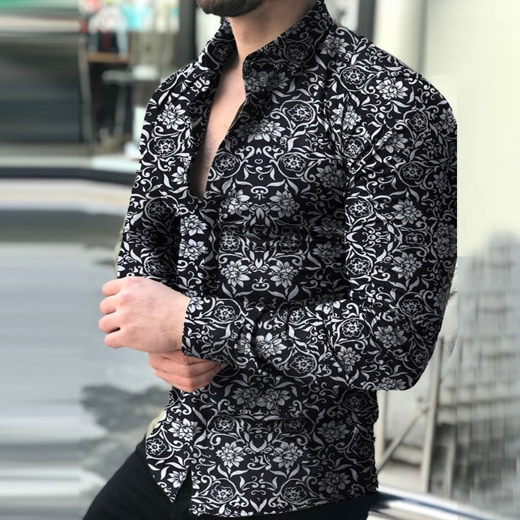 black mens shirts fashion men's casual printed floral long sleeve button  t-shirt top blouse